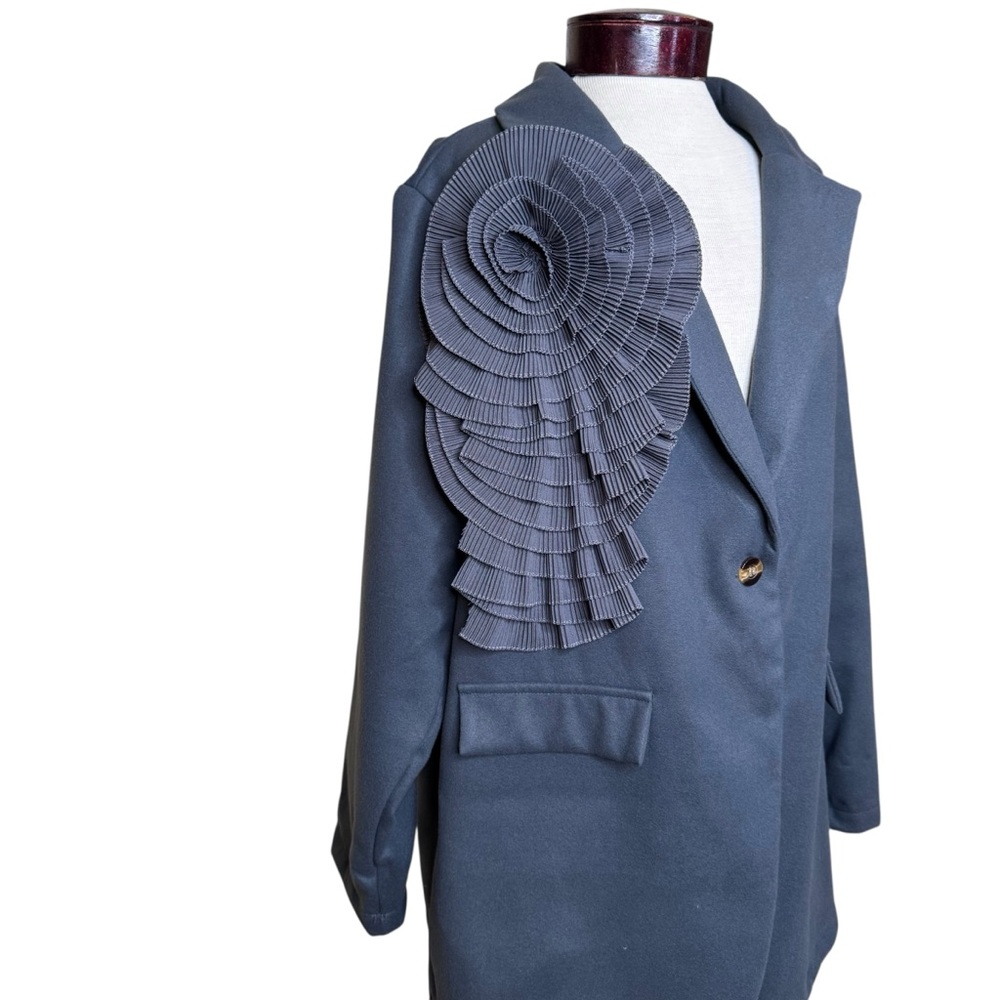 SHEIN Gray Ruffle Floral Detail One Button Faux Pockets Blazer Jacket size 2X